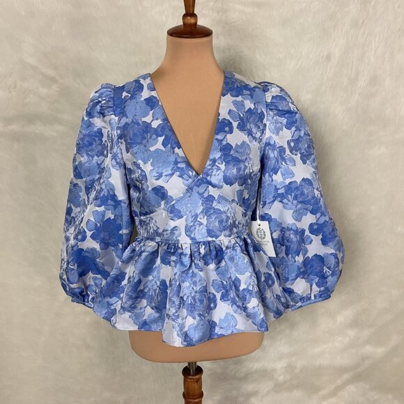 Tuckernuck Hyacinth House Blue Jacquard Puff Sleeve Eleanor Blouse NWT S - Picture 1 of 8